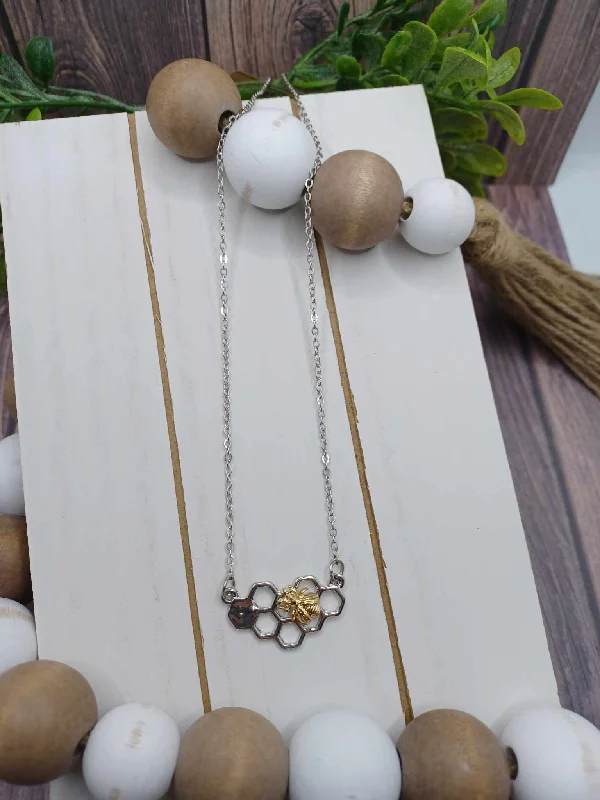 dainty gold necklaces for women -Silver Necklace w/ Honeycomb & Bee Pendant