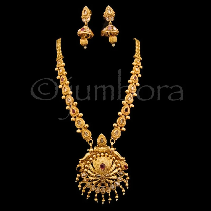 wedding gift necklaces for women -Long Antique Gold Haaram Necklace with Jhumka