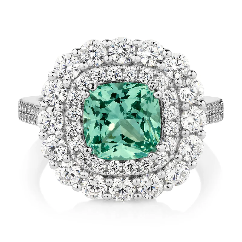 gemstone statement rings -Dress ring with ocean green simulant and 1.76 carats* of diamond simulants in sterling silver