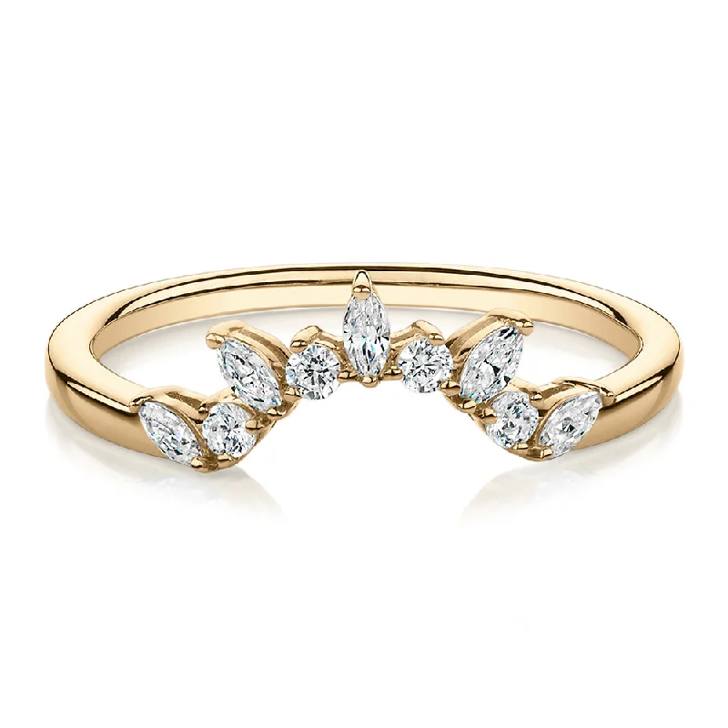 luxury rings with sapphires -Marquise and Round Brilliant curved wedding or eternity band with 0.23 carats* of diamond simulants in 10 carat yellow gold