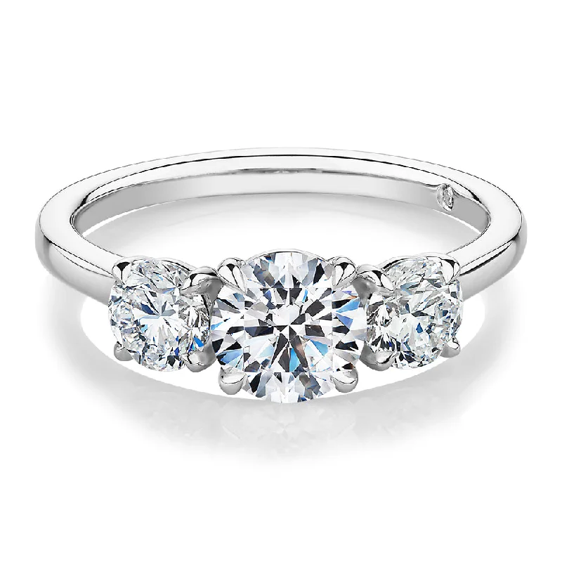 unique engagement rings -Signature Simulant Diamond 1.86 carat* TW round brilliant three stone ring in 14 carat white gold