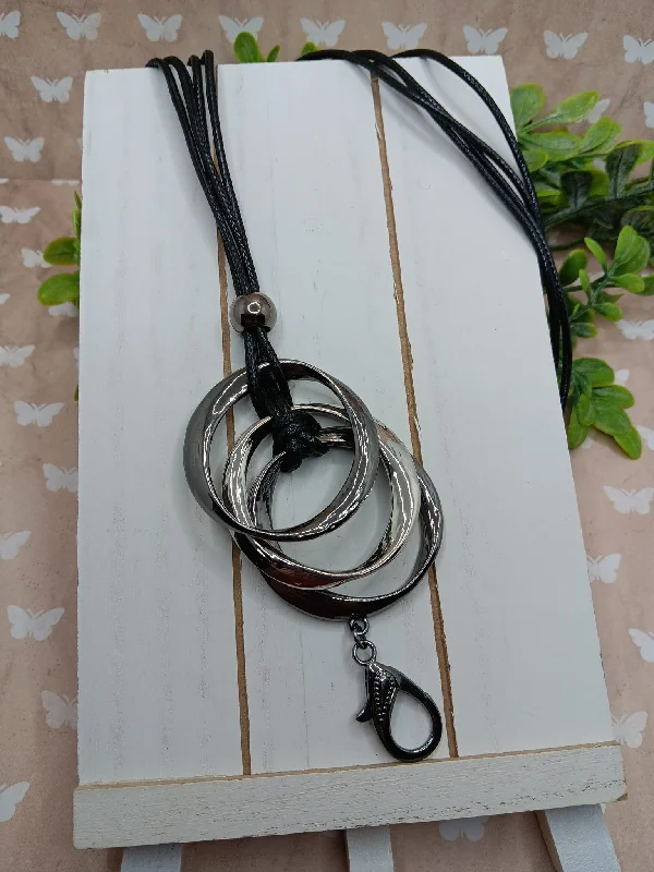 modern necklaces for women -Black Leather Style Necklace w/ Gunmetal Details & Lanyard Attachment