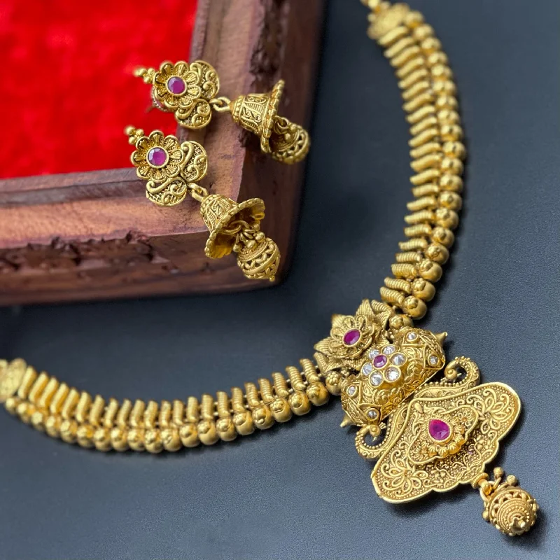 gemstone necklaces for women -Royal Gold Alike Antique Gold Necklace with jhumka