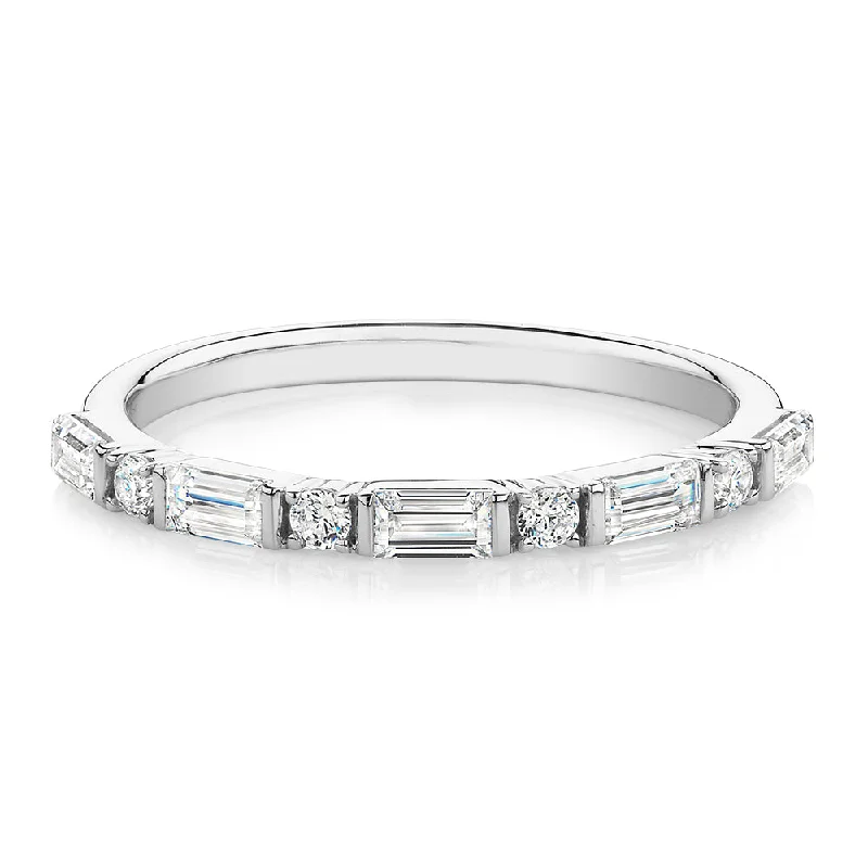 floral rings for women -Baguette wedding or eternity band with 0.75 carats* of diamond simulants in 10 carat white gold