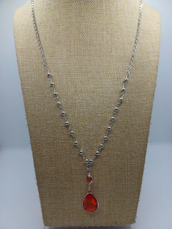 adjustable necklaces for women -Silver Y Style Necklace w/ Red Beading Accents & Pendant