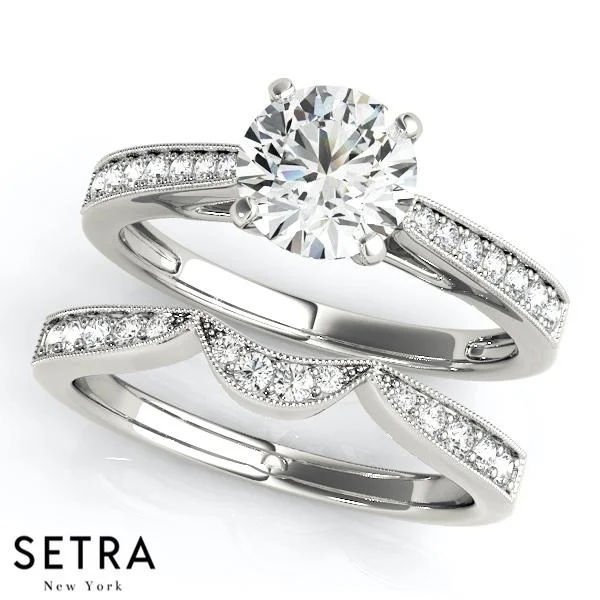 contemporary engagement rings -SET OF PETITE DIAMOND ENGAGEMENT & BAND RINGS SINGLE ROW PRONG SET 14K GOLD