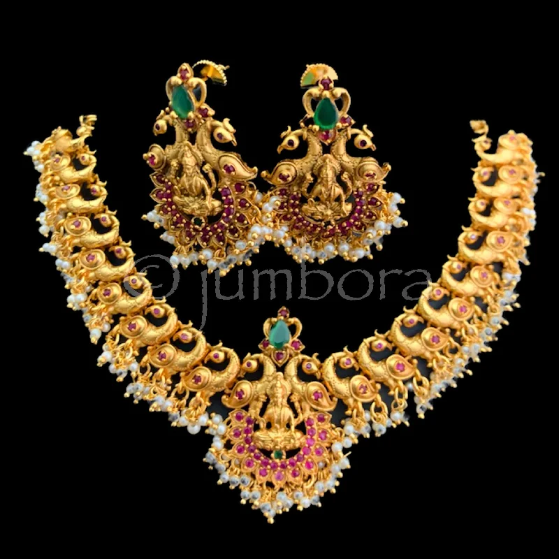 custom necklaces for women -Lakshmi Peacock Matte Antique Gold Necklace with Pearls