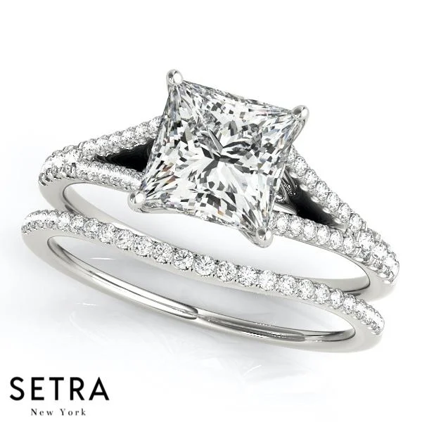 women’s radiant cut engagement rings -SET OPEN SHANK DIAMOND & WEDDING BAND 14K GOLD RING