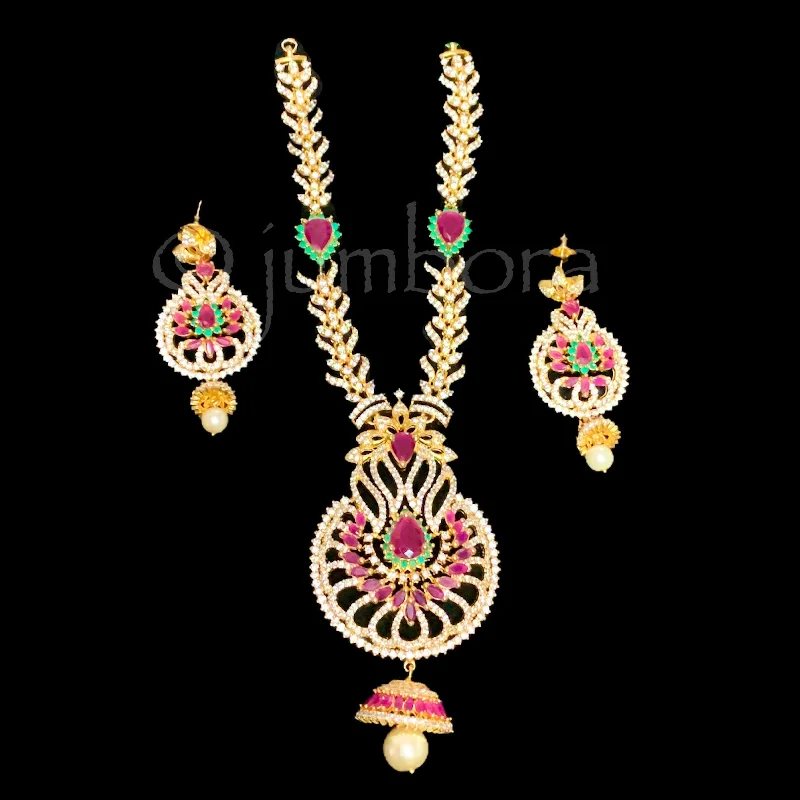 personalized engraved necklaces for women -Zircon (CZ) AD Necklace set with Ruby red, Green and White stone