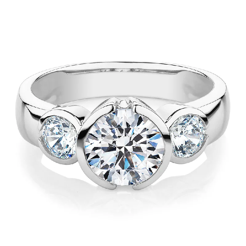 chunky rings for women -Three stone ring with 2.23 carats* of diamond simulants in 10 carat white gold