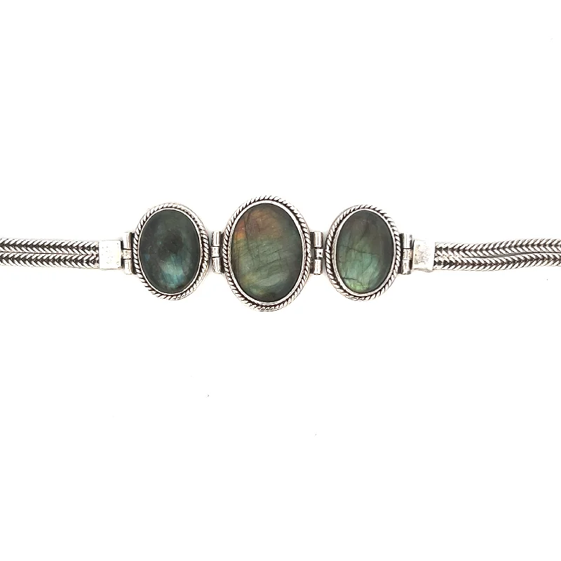 gold bangles for women -gold bangles for women -Estate Sterling Silver Oval Labradorite Three Stone Bracelet