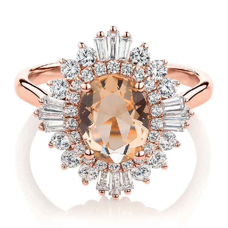 women’s engagement rings -Dress ring with 9x7mm morganite simulant and 1.04 carats* of diamond simulants in 10 carat rose gold