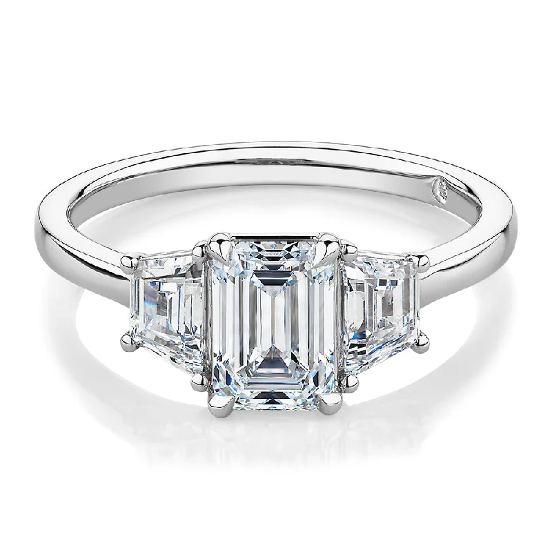 chic gemstone rings for women -Signature Simulant Diamond 1.87 carat* TW emerald cut three stone ring in 14 carat white gold