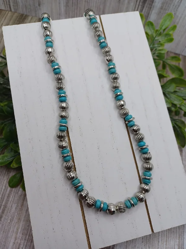 gold chain necklaces for women -Silver Necklace w/ Turquoise & Silver Beading