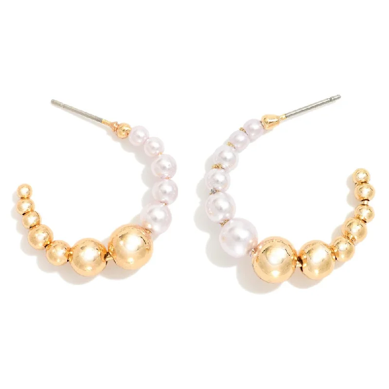 fashion earrings for women -Gold & Pearl Beaded Hoop Earrings