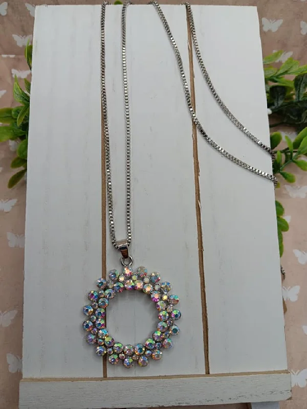 long necklaces for women -Silver Box Chain Style Necklace w/ Mermaid Rhinestone Wreath Pendant