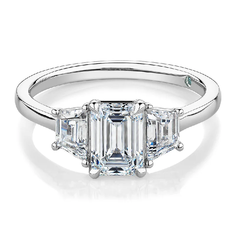 custom gold rings -Premium Certified Lab-Grown Diamond, 1.87 carat TW emerald cut three stone ring in 14 carat white gold