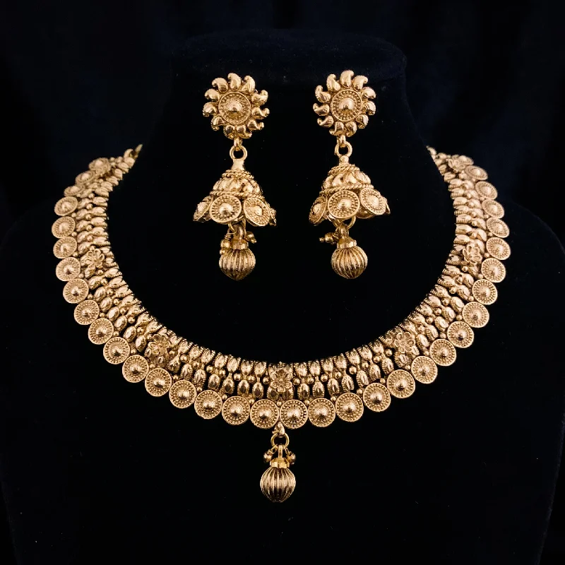 heart-shaped necklaces for women -Traditional Ethnic Antique Gold Choker style Necklace set with Jhumka