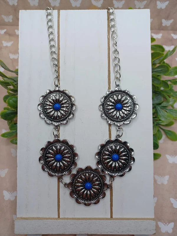 vintage pendant necklaces for women -Silver Flower Necklace w/ Blue Beaded Centers