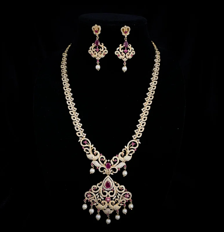 charm necklaces for women -Captivating Peacock Long Zircon Necklace set with Ruby red and white CZ stones