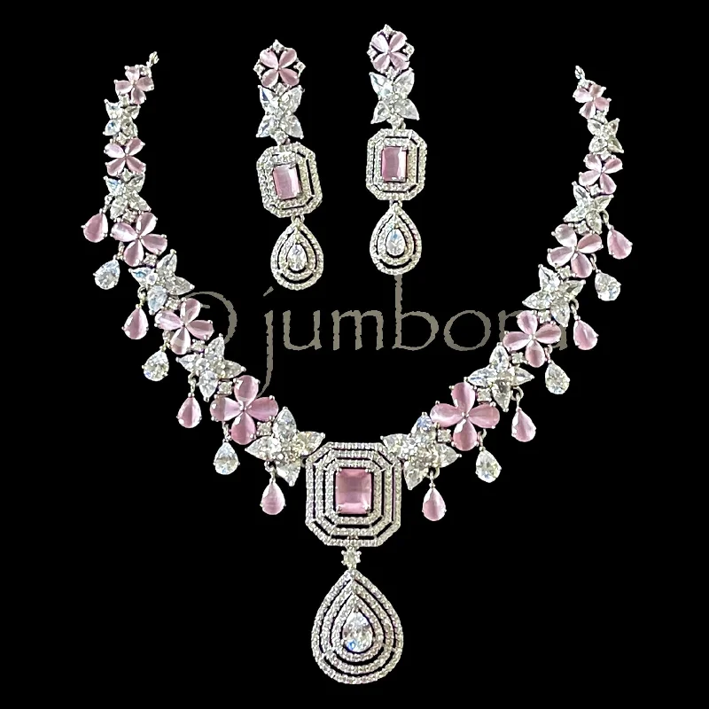 luxury diamond necklaces for women -Statement White Gold Pink AD (Zircon) CZ Necklace Set