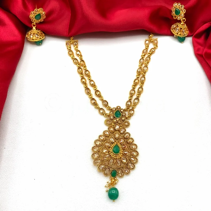 men’s and women’s matching necklaces -Trendy Two layered Antique Gold plated Necklace with LCD and Green stones and Jhumka earring