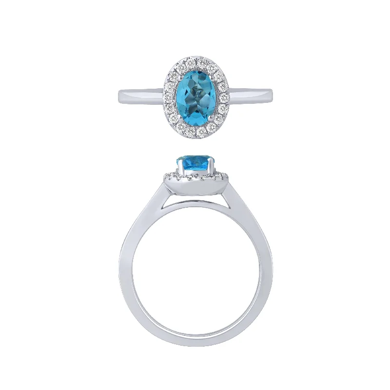 gold rings for women -14K White Gold Blue Topaz And Diamond Halo Ring