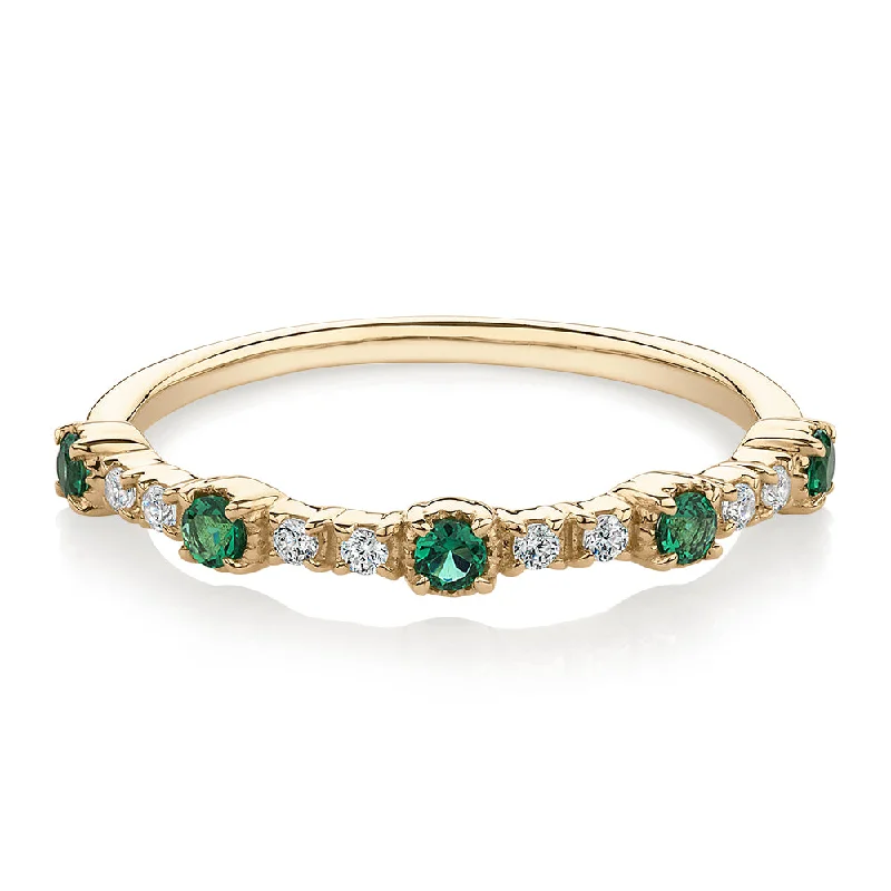 luxury diamond rings -Wedding or eternity band with emerald and diamond simulants in 10 carat yellow gold