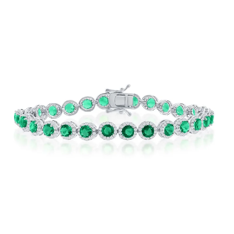 minimalistic bracelets for women -minimalistic bracelets for women -Sterling Silver Round Halo White & Emerald CZ Linked Bracelet