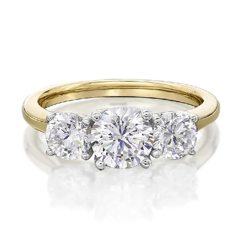 modern rings for women -Three stone ring with 2 carats* of diamond simulants in 10 carat yellow and white gold