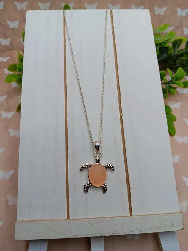 personalized necklaces for women -Silver Short Necklace w/ Peach Moonstone Sea Turtle Pendant