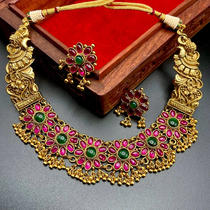 layered necklaces for women -Nakshi Real Kempu stone Antique Gold Necklace set