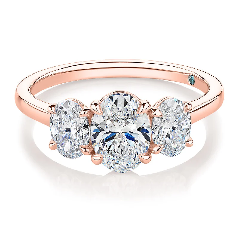 designer rings for women -Premium Certified Lab-Grown Diamond, 1.87 carat TW oval three stone ring in 18 carat rose gold