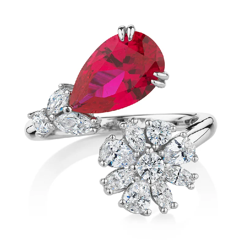 women’s cubic zirconia rings -Dress ring with ruby simulant and 1.52 carats* of diamond simulants in sterling silver