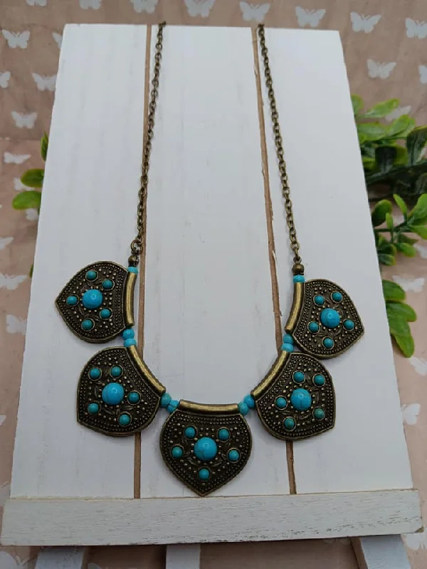 eternity necklaces for women -Brass Short Necklace w/ Turquoise Crackle Stone Accents