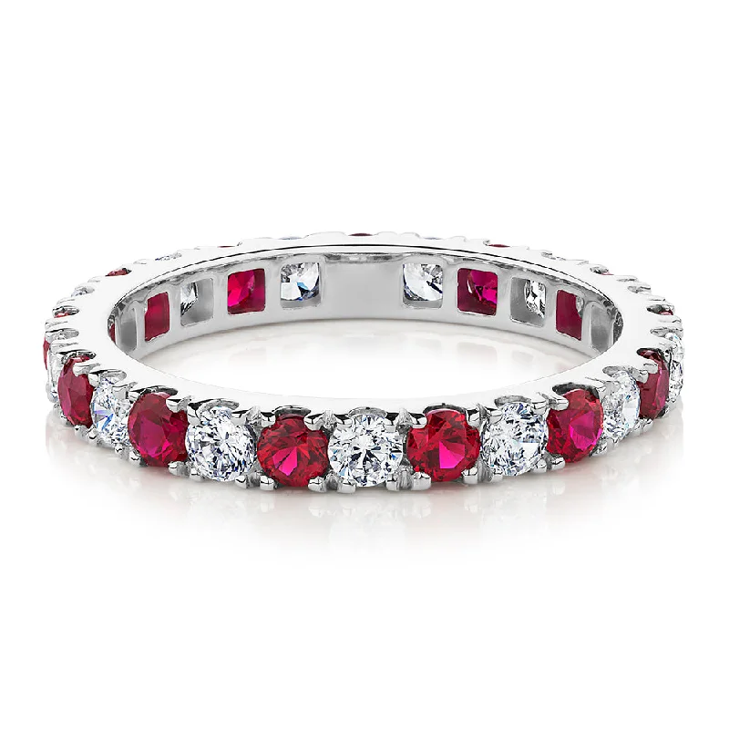 classy gold wedding rings -All-rounder eternity band with ruby simulants and 0.78 carats* of diamond simulants in 14 carat white gold