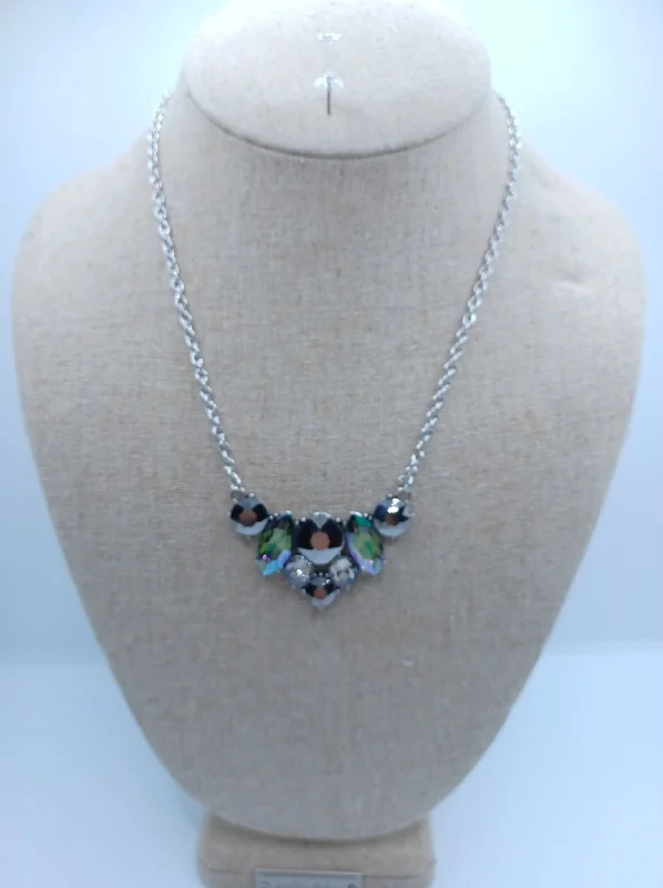 colorful gemstone necklaces for women -Silver Necklace w/ Gunmetal & Oil Spill Rhinestones