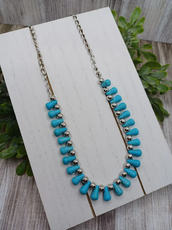 unique crystal necklaces for women -Silver Necklace w/ Turquoise & Silver Beading