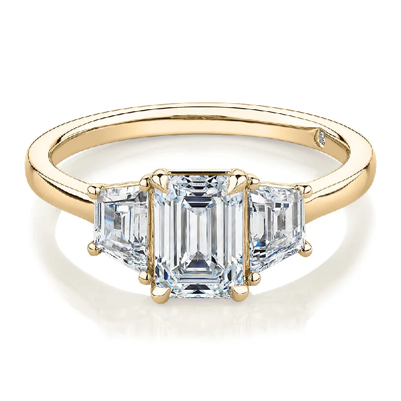 colorful rings for women -Signature Simulant Diamond 1.87 carat* TW emerald cut three stone ring in 14 carat yellow gold