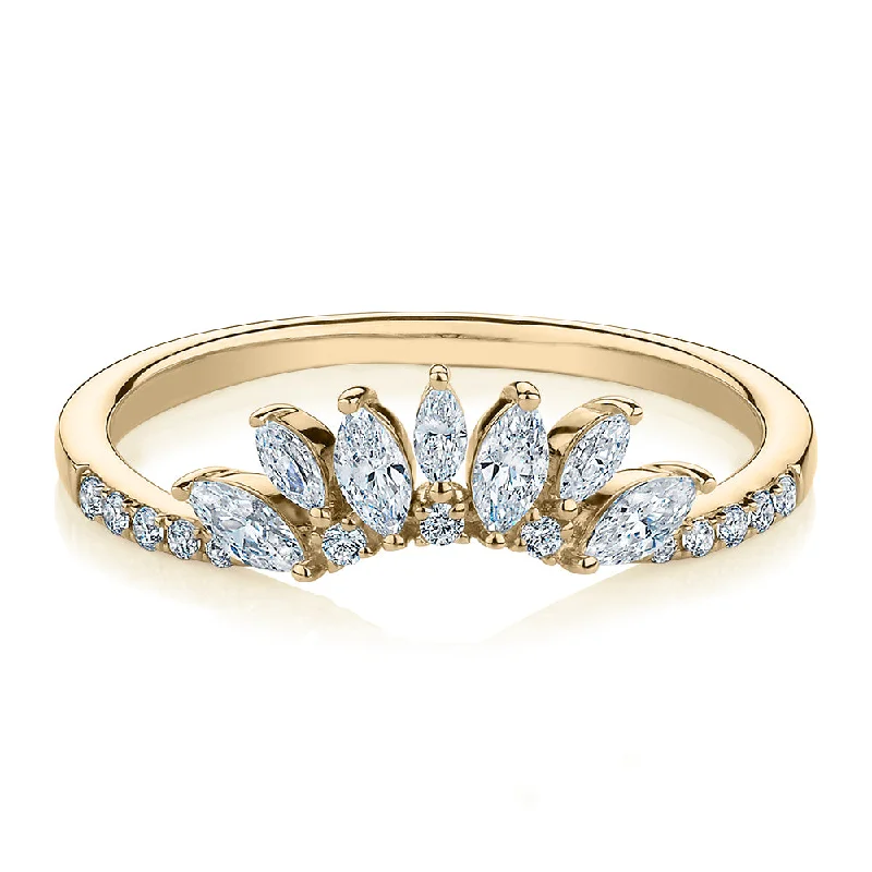 stacking rings for women -Marquise curved wedding or eternity band with 0.56 carats* of diamond simulants in 10 carat yellow gold