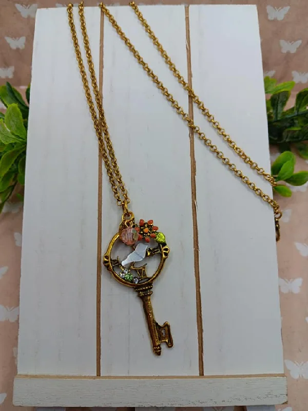 choker necklaces for women -Gold Necklace w/ Key Pendant w/ Bird & Flower Accents