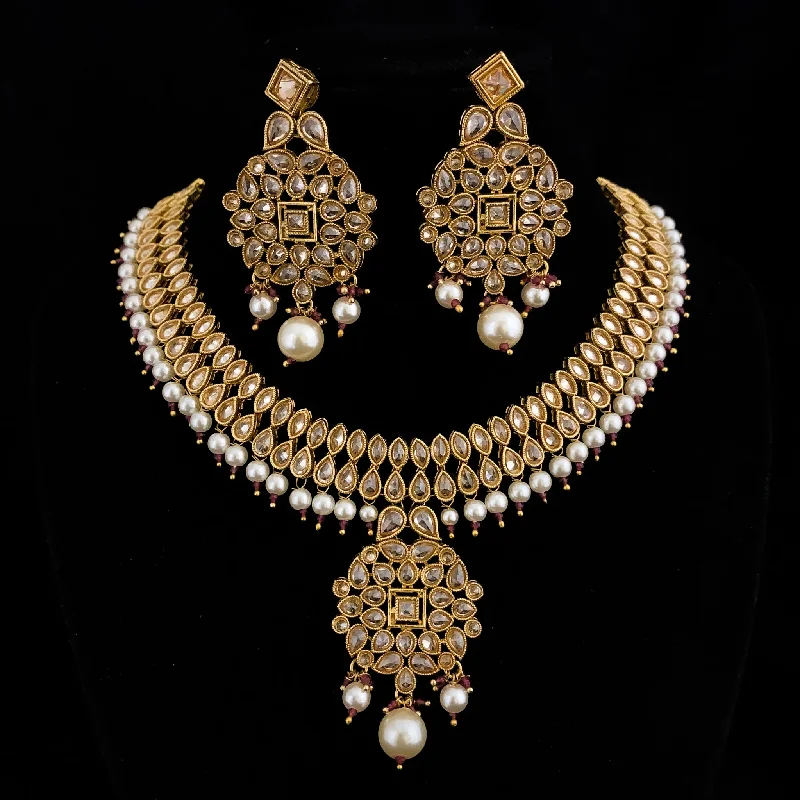 statement choker necklaces for women -Lustrous Jumbora Antique Gold Necklace Set with LCD polki Stones