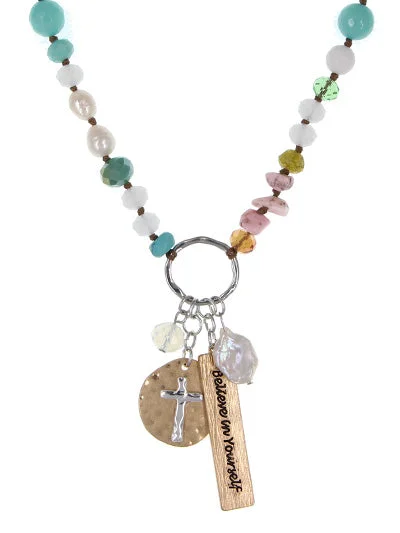 luxury gemstone necklaces for women -Multicolored Beaded Necklace w/ Cross & "Believe in Yourself" Charm