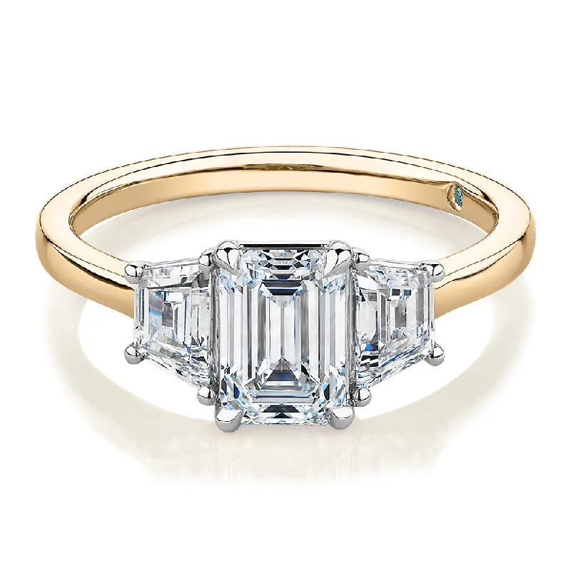 elegant rings for women -Premium Certified Lab-Grown Diamond, 1.87 carat TW emerald cut three stone ring in 18 carat yellow and white gold