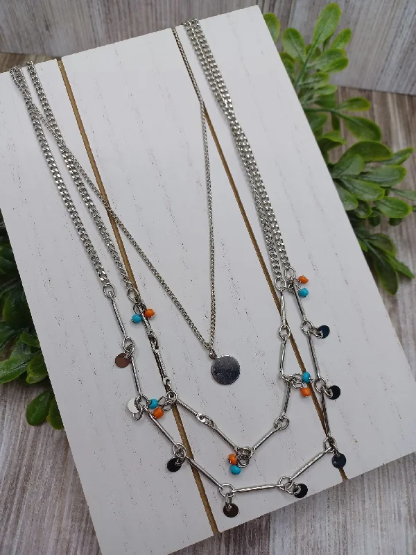 elegant diamond necklaces for women -Silver Triple Layered Necklace w/ Turquoise & Orange Beading