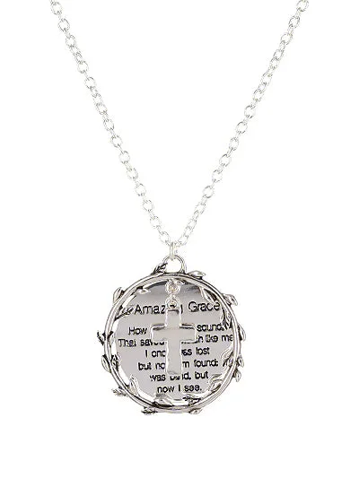 engraved necklaces for women -Silver Amazing Grace Cross Style Necklace