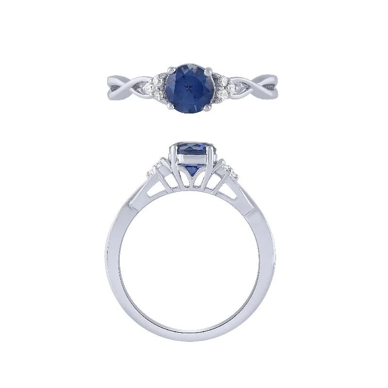 women’s birthstone rings -14K White Gold Sapphire And Diamond Ring With Twist Sides