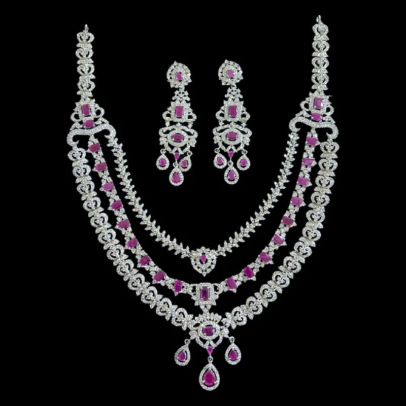 stylish crystal necklaces for women -Bridal Triple Row AD Zircon (CZ) Long Necklace in Ruby Red and White Stone