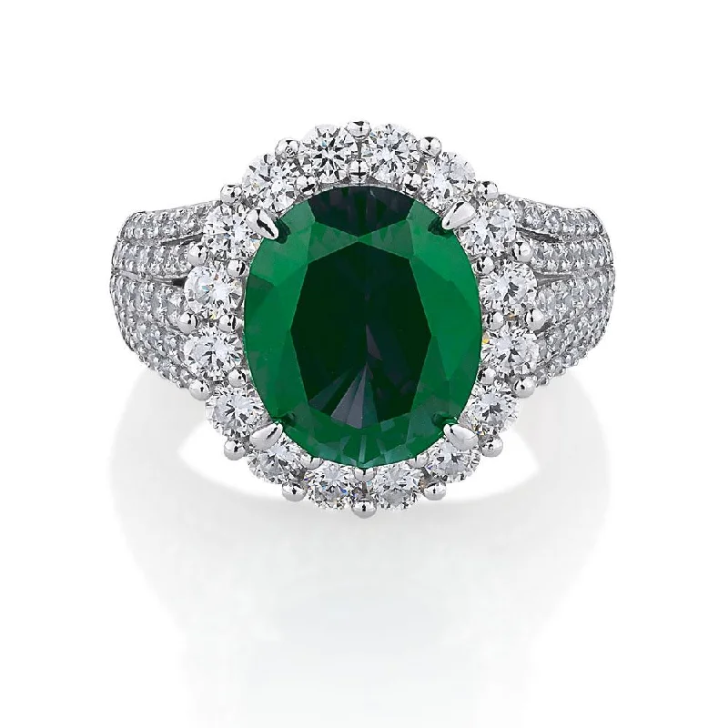 matching couple rings -Dress ring with emerald simulant and 6.35 carats* of diamond simulants in sterling silver