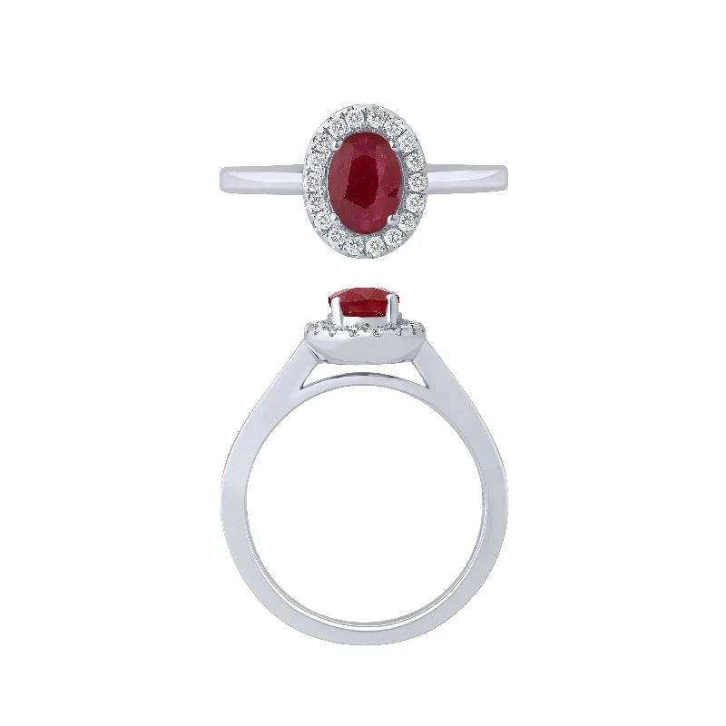 vintage gemstone rings for women -14K White Gold Ruby And Diamond Halo Ring